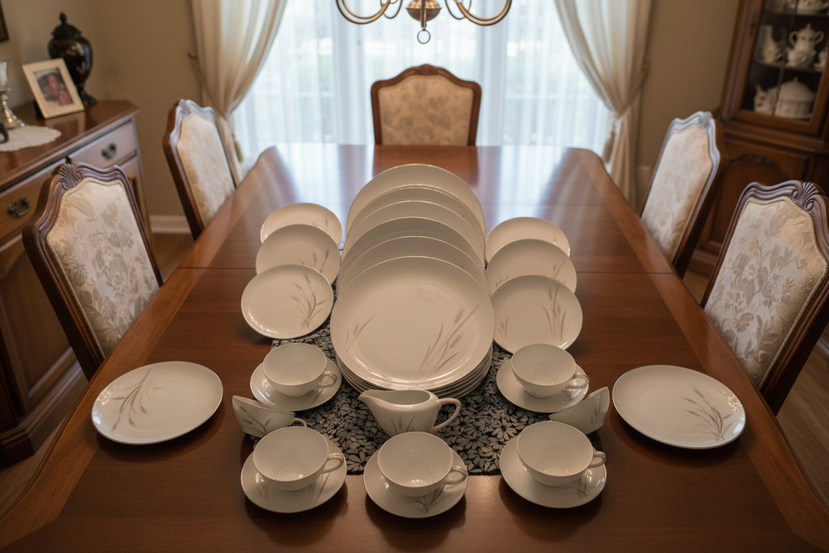 24 piece Platinum Wheat pattern dishes. They manufactured by Fine China of Japan between 1950-1970.