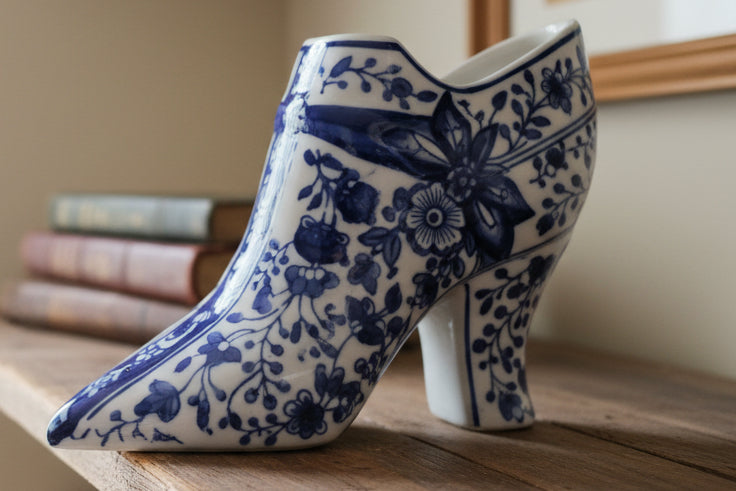 Vintage  Victorian Blue and White High-Heeled Shoe